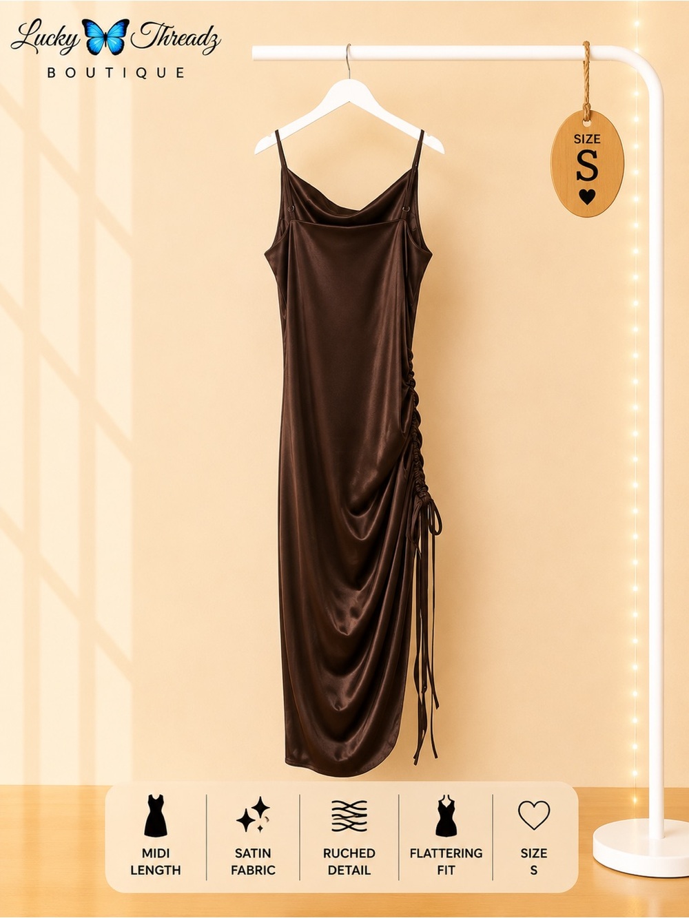 Chocolate Brown Satin Ruched Midi Slip Dress Small Cowl Neck Homecoming⁠